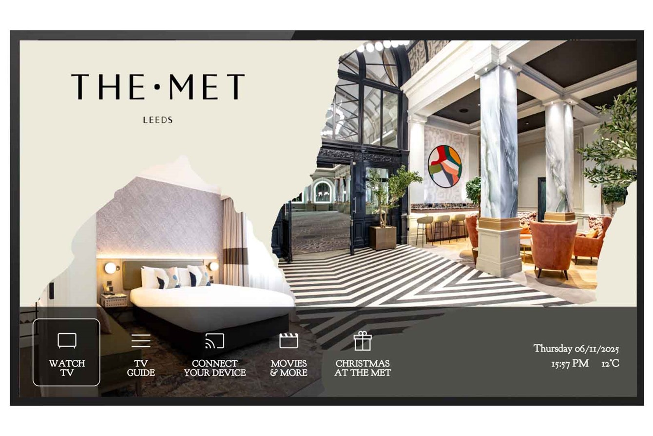 Guest room at The Met Hotel Leeds featuring Airwave TV installation
